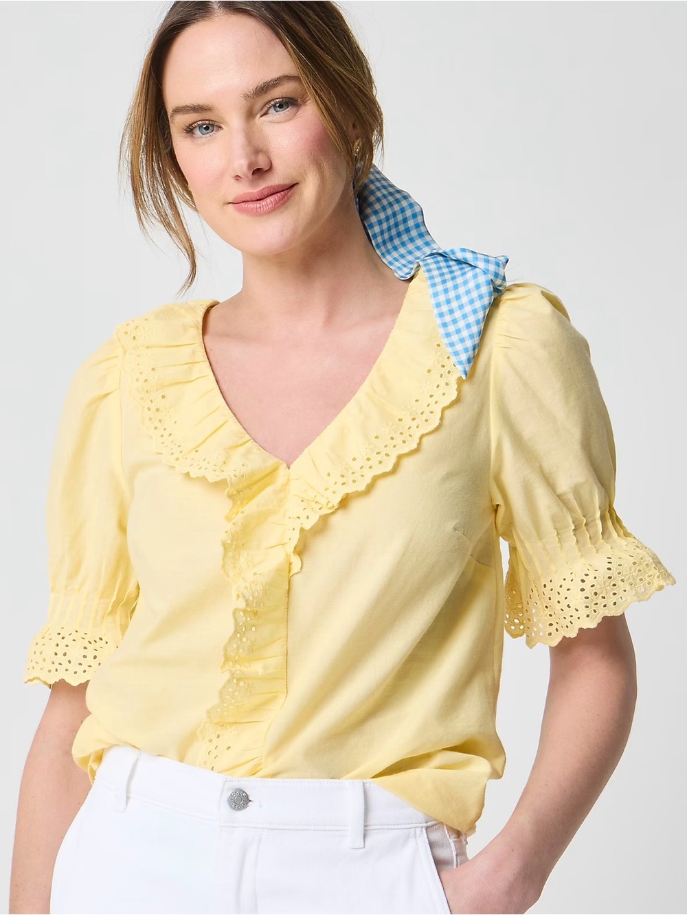 J. Crew Eyelet Ruffle Front Blouse 100% Cotton Puff Sleeve Scalloped Trim Yellow